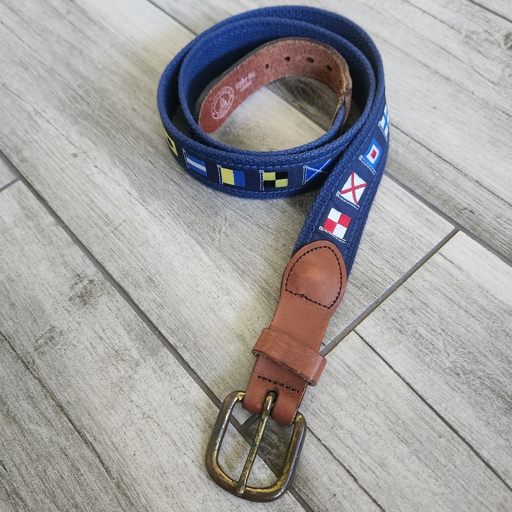 Leather Man Nautical Flag Canvas Leather Belt Brass Buckle Preppy USA Size 38